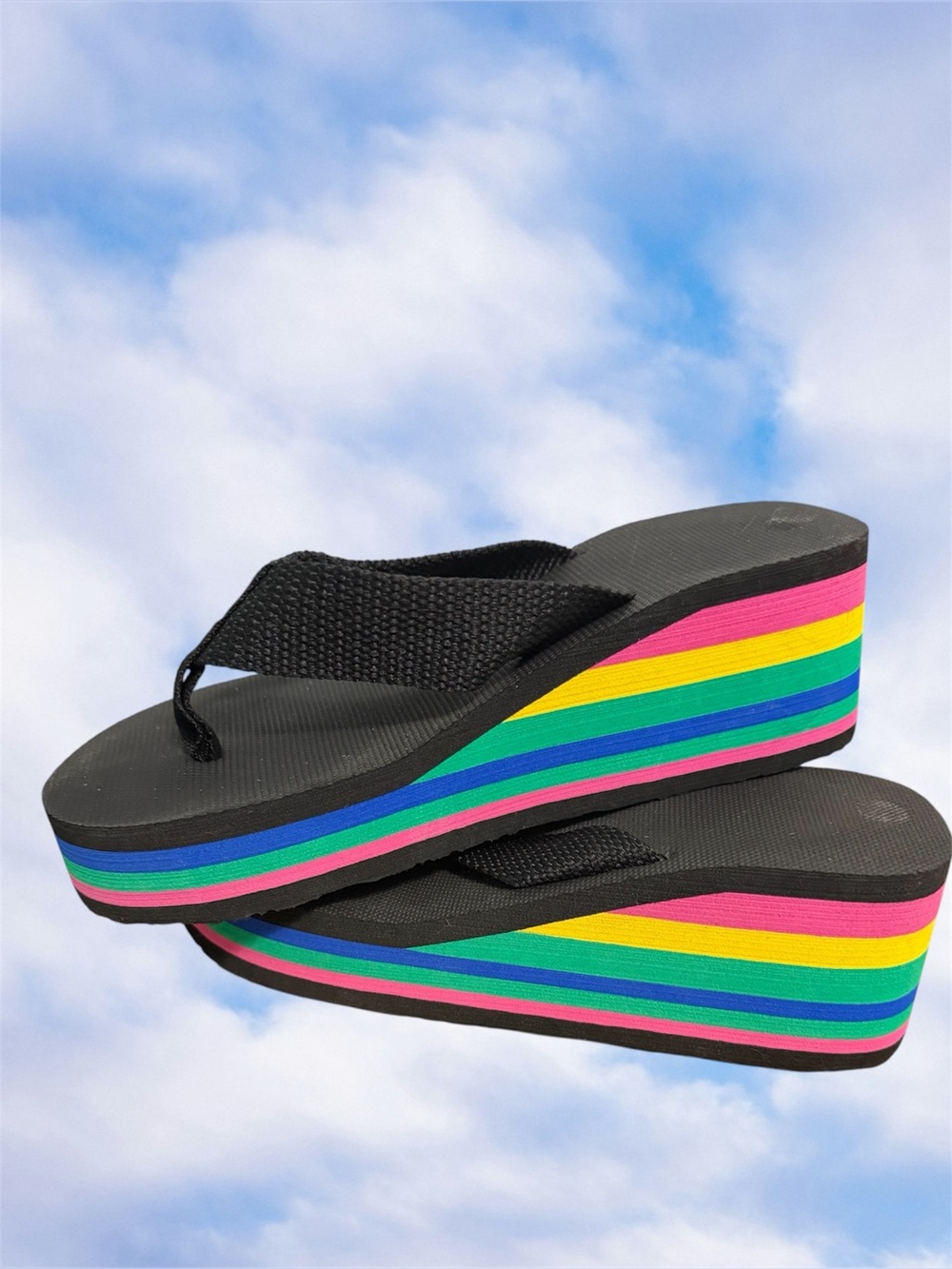 Black Wedge Flip Flop Platform Sandals with Rainbow Stripes